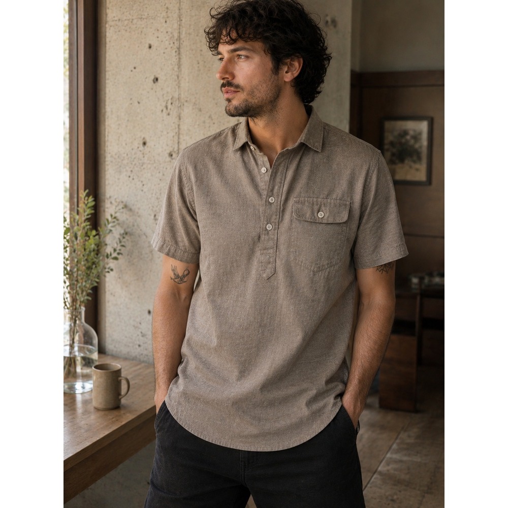 Bridge & Burn Original Slim Popover Shirt Cotton Linen Short Sleeve Tan XS PDX
